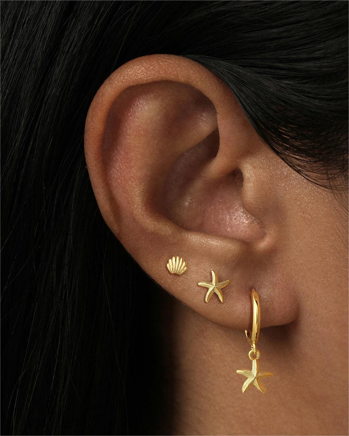 3 Pairs 14K Gold Plated Dangle Earrings Set for Women, Dainty Seashell Starfish
