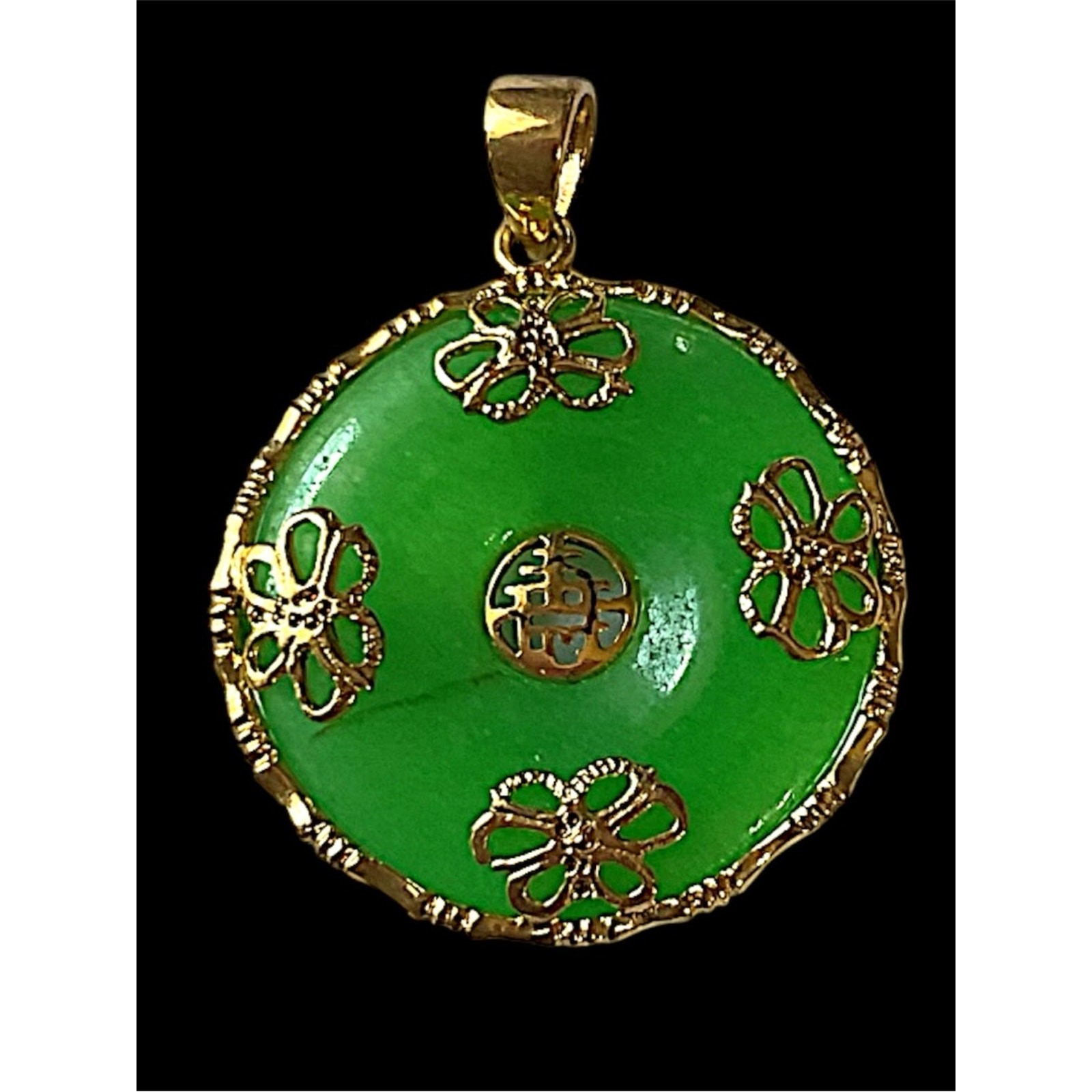 Vintage Jade Good Fortune Gold Tone Necklace Disc Pendant