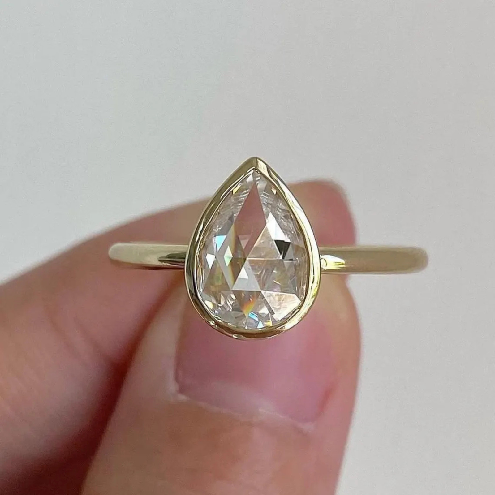 1.50 Carat Pear Rose Cut Bezel Lab Grown Diamond Solitaire Engagement Ring