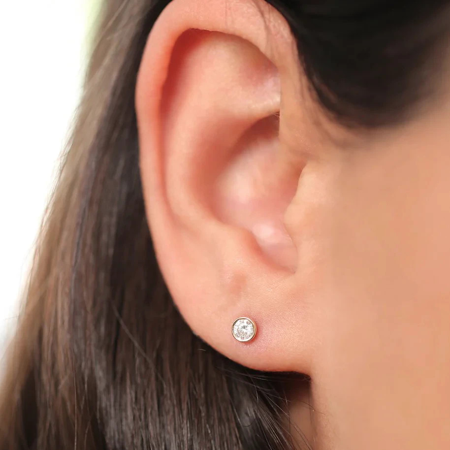 Round Cut H-I/SI Clarity Natural Diamond 14K Gold Bezel Set Stud Helix Earrings