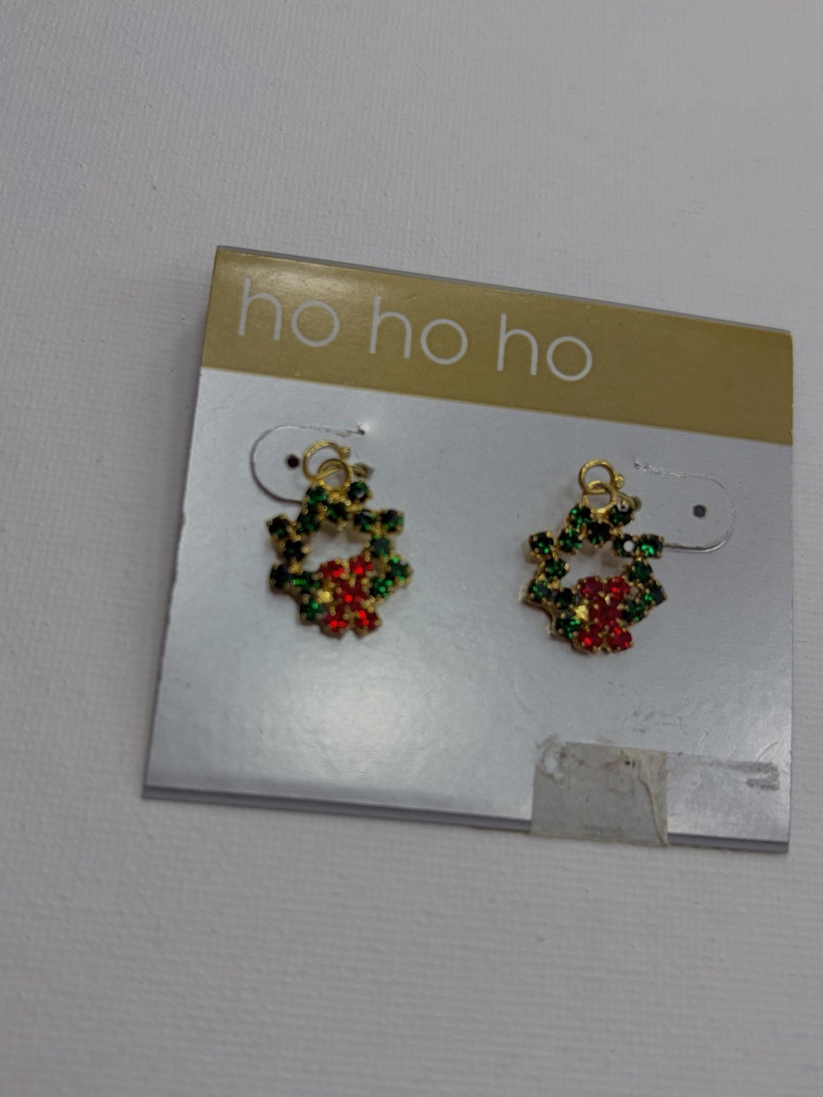 Christmas Wreath Crystal Rhinestone Stud Earrings Gold Green Red Butterfly Back