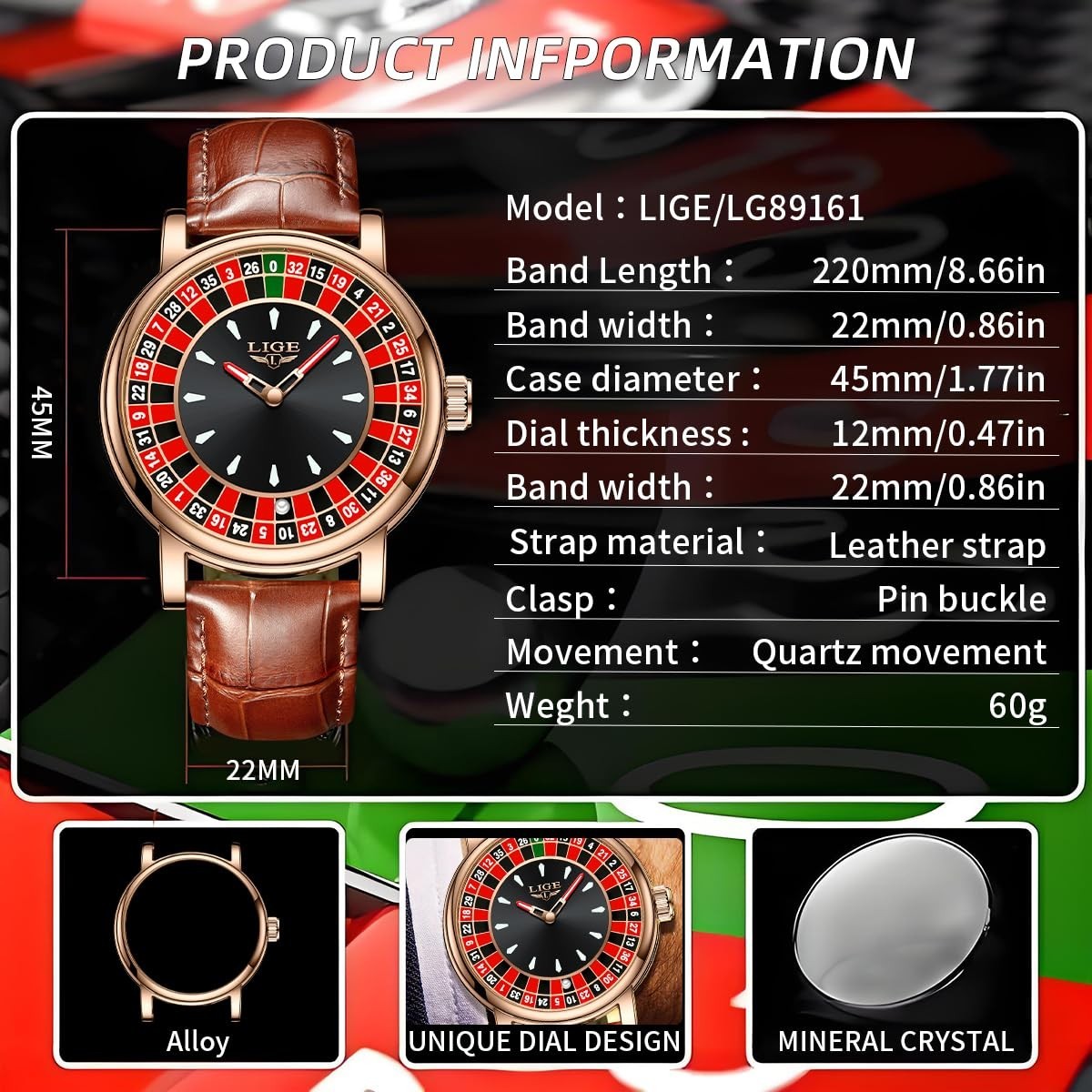 SACOSDING Roulette Wheel Watch Men Ball Waterproof Rose Gold Quartz