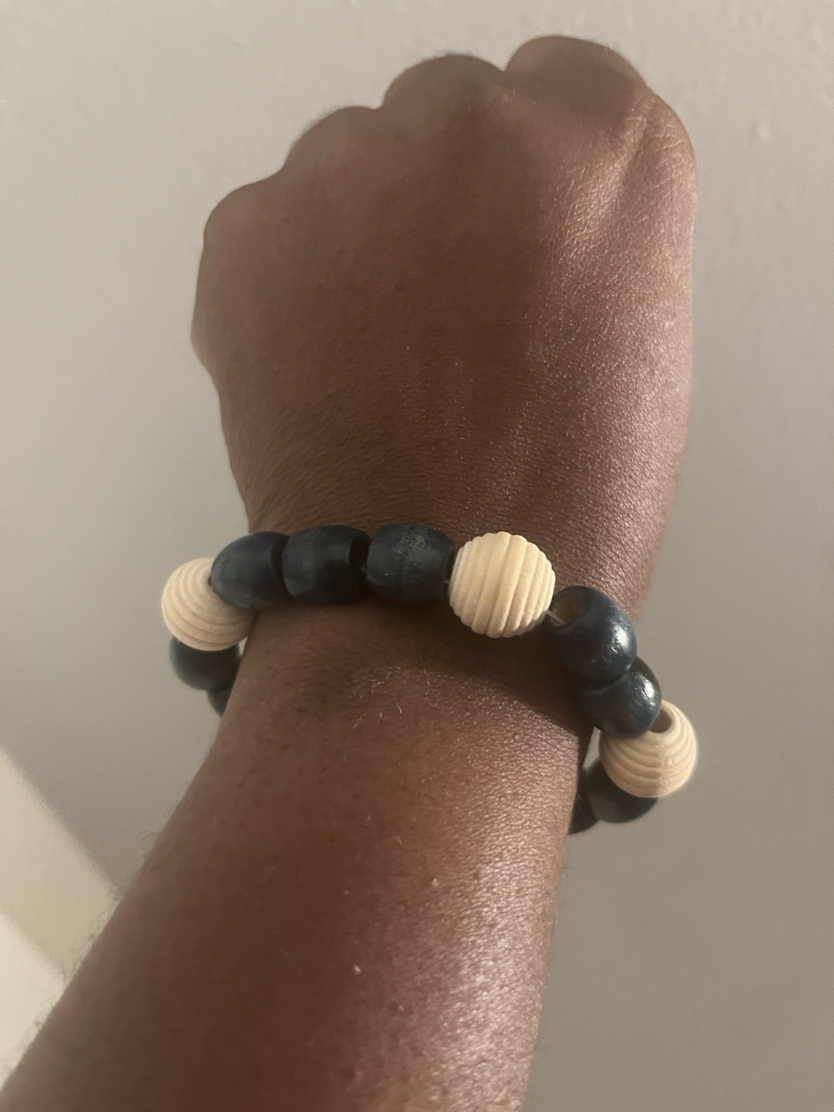 Black & Beige Wood Round Beaded Stretch Bracelet, Sizable, No Stone