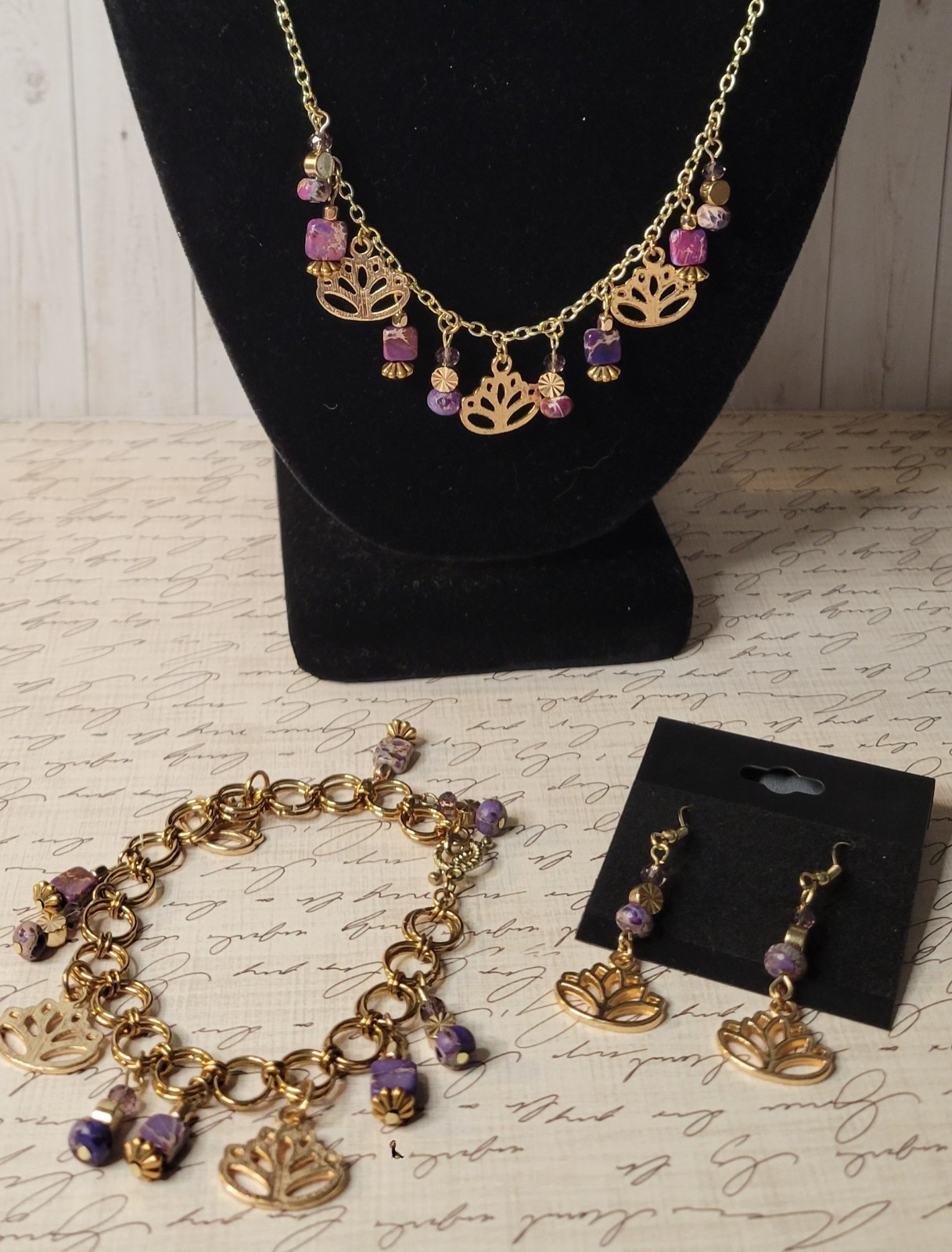 3-Piece Set with Purple Imperial Jasper, Glass, Gold Plated Charms and Findings