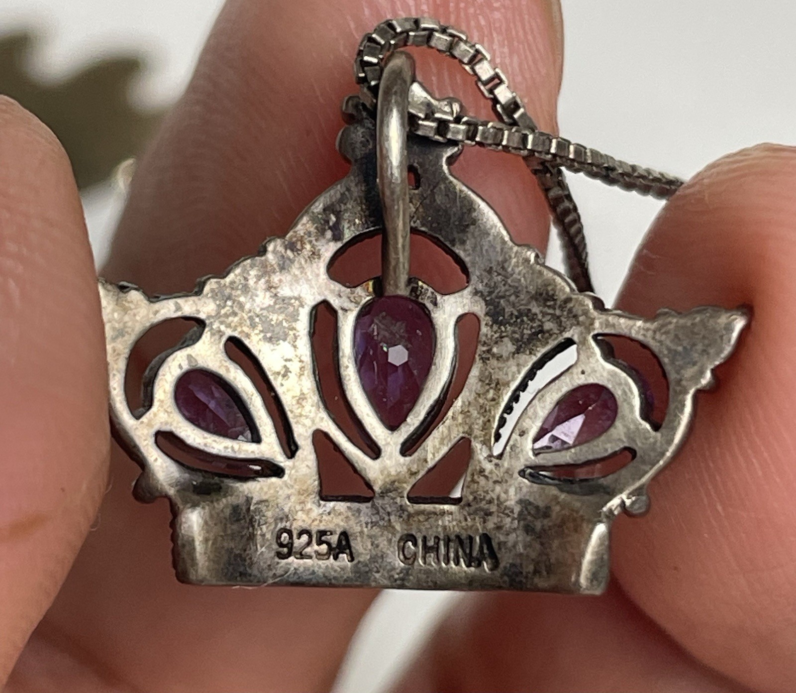 Vtg 925 Sterling Crown Pendant Necklace 3 Pear Shaped Amethyst Box Chain 7.83g
