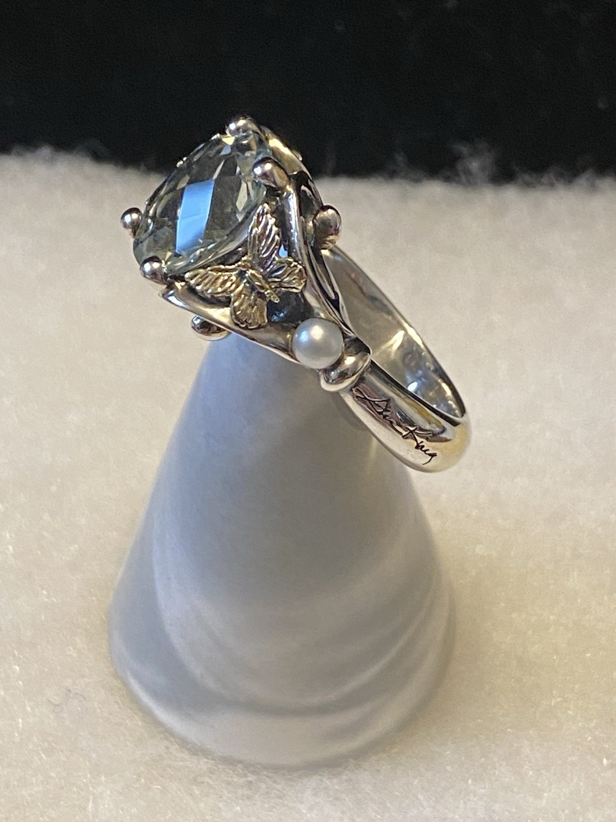 ANN KING Sterling Silver 18k Gold Light Green Pearl Butterfly Ring Size 9.5