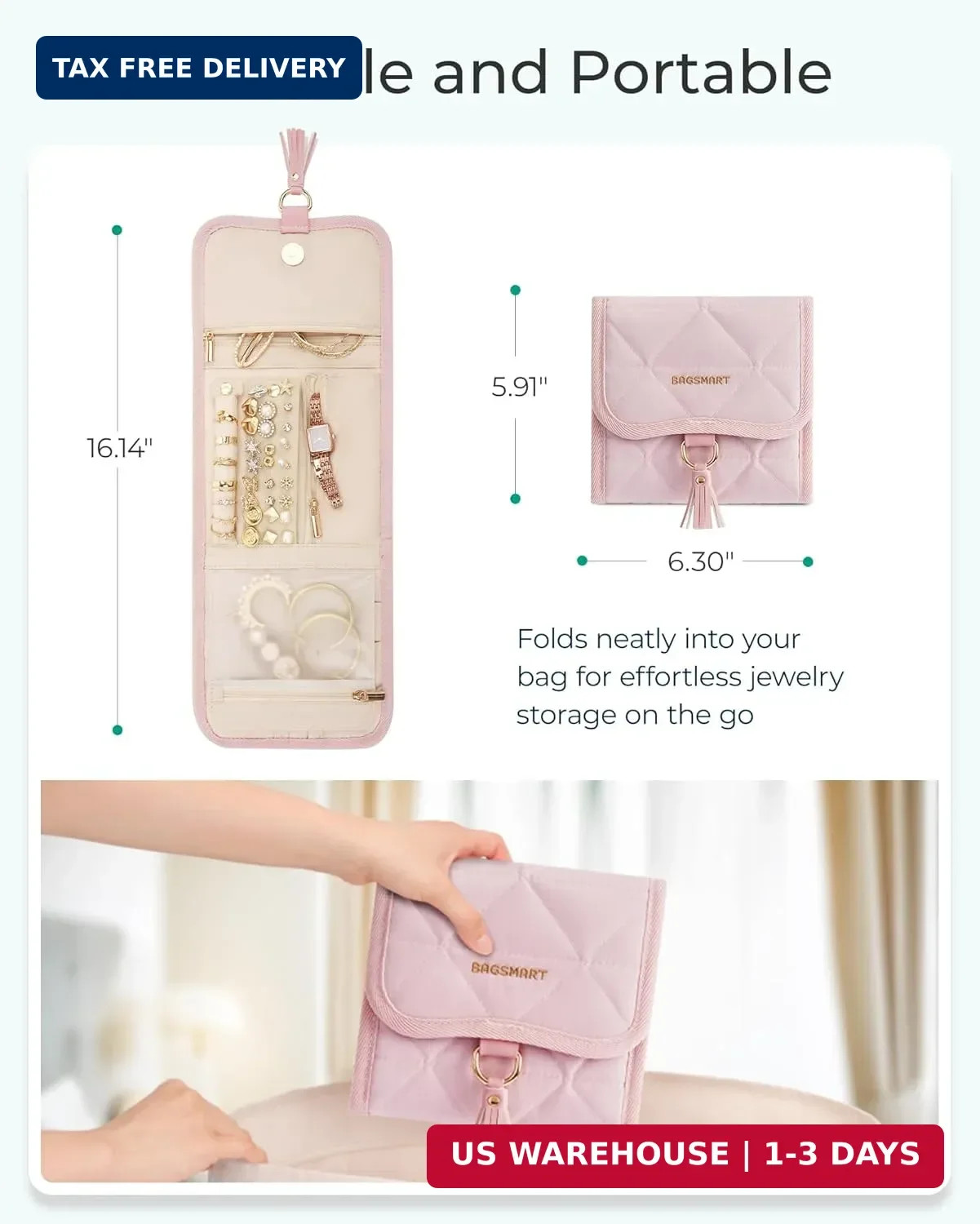 BAGSMART Travel Jewelry Case Organizer, Roll Foldable Jewelry Case for Journey-R