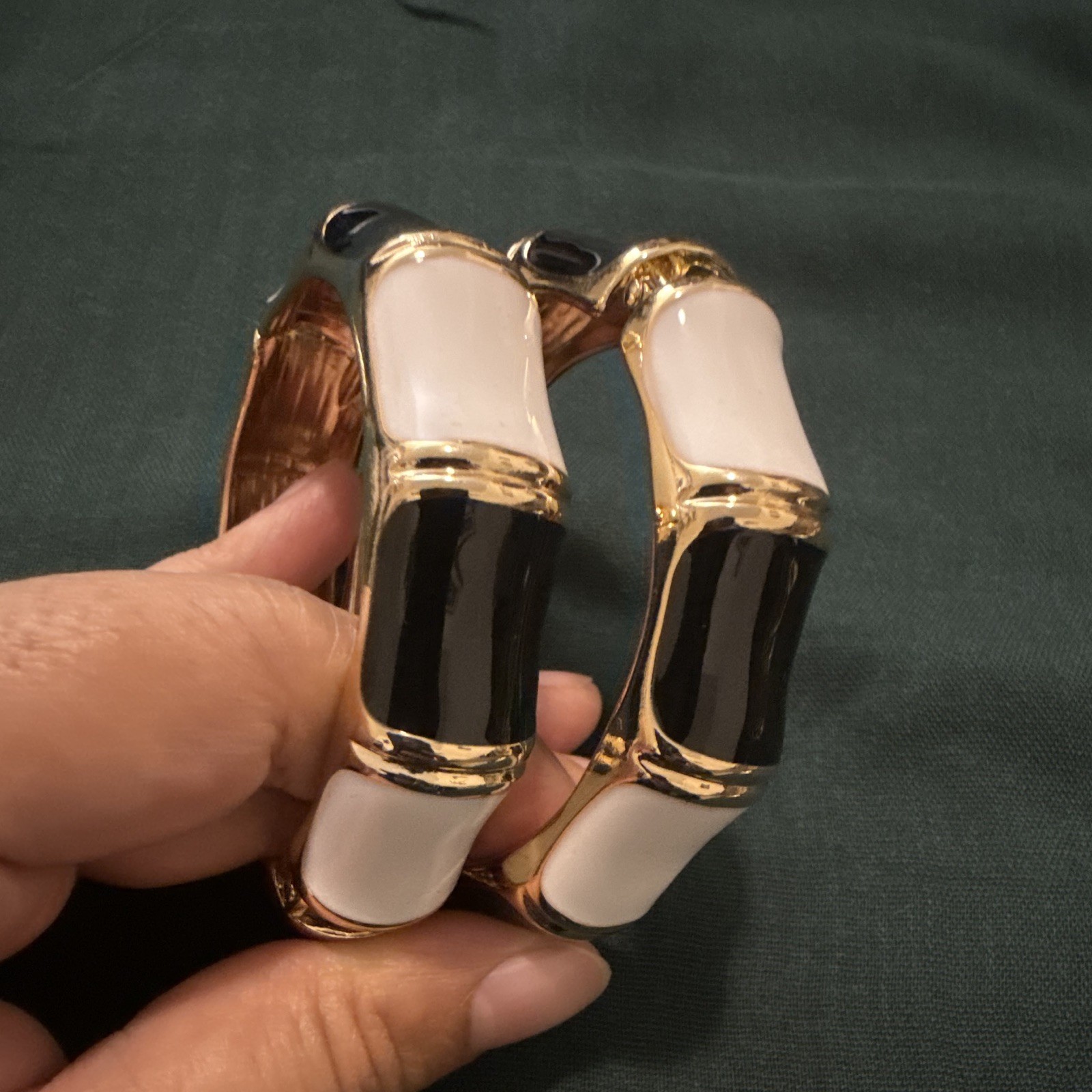 Set of 2 Gold Tone Black White Enamel Bangle Bracelets No Stone