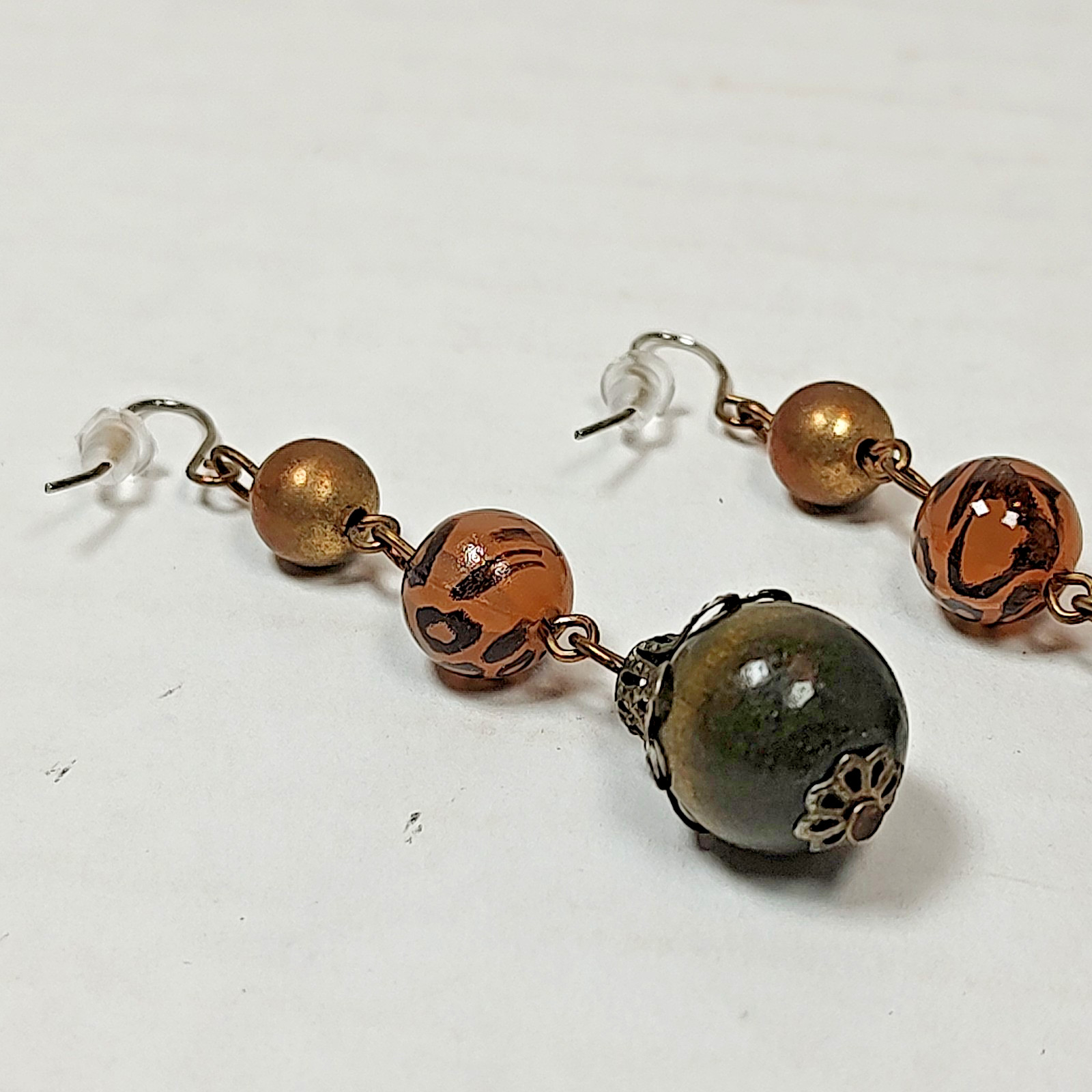 VTG Style Bronze Tone Metal Earth Tone Beaded Dangle Drop Hook Fashion Earrings