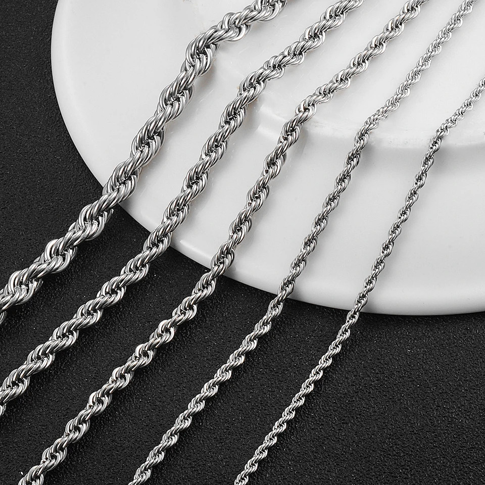Stainless Steel Rope Chain Necklace Silver Tone Twisted 2.3-6mm Men Jewelry