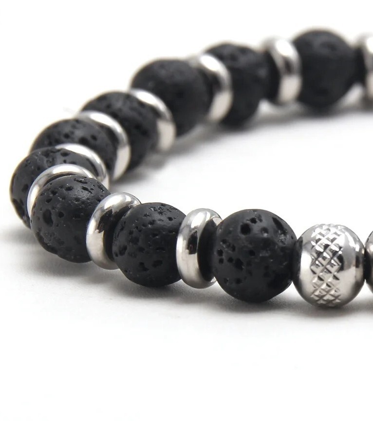 Charm Natural Stone Bracelet Black Lava Beaded Elastic Steel Bracelets Handmade