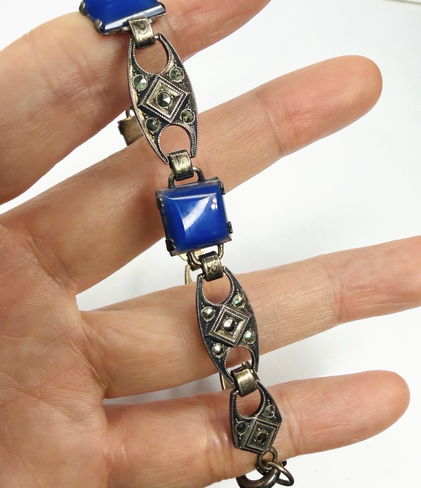 Rare Antique Art Deco Bracelet Blue Square Chalcedony Glass Beautiful Marcasite
