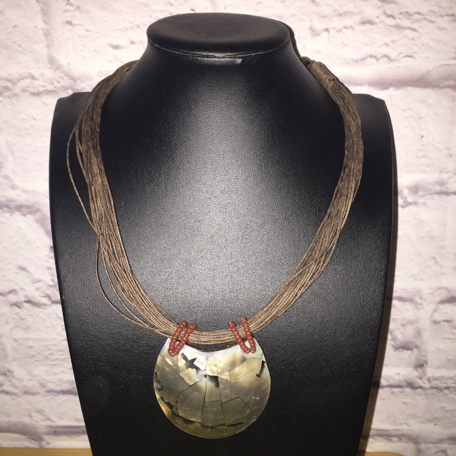 Vintage Statement Pendant Necklace Multi-Strand Cord Shell Wood Bead
