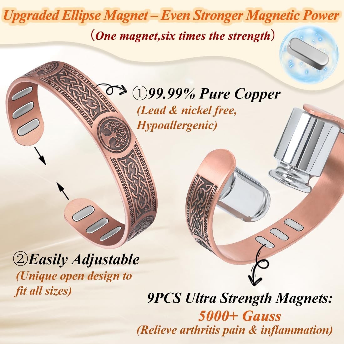 Men Women Bracelet Magnetic Therapy Arthritis Pain Relief Pure Solid Copper Bang