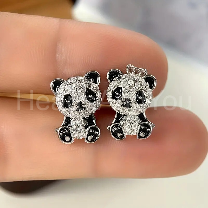 1ct Round Cut Moissanite Cute Panda Enamel Stud Earrings 14K White Gold Plated