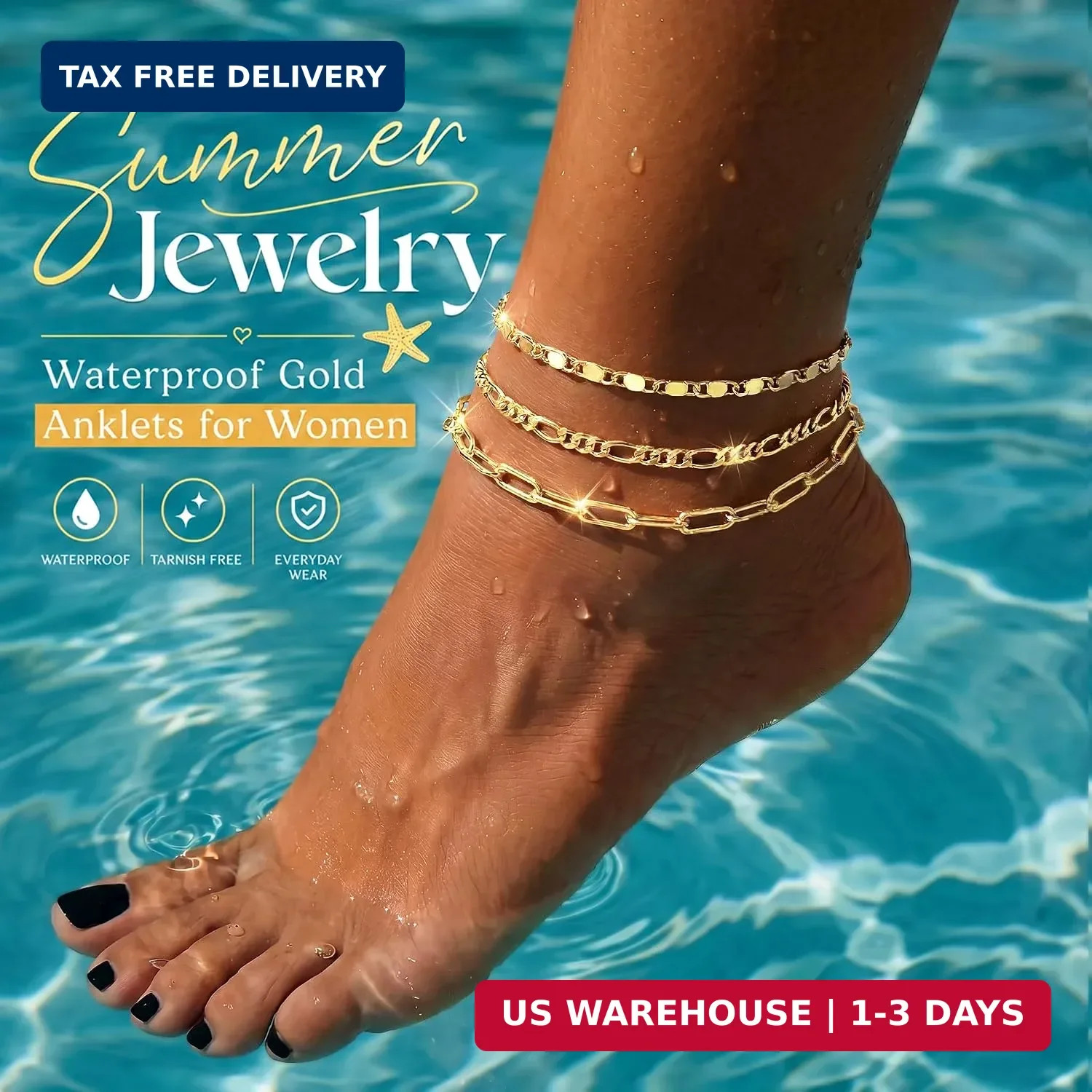 Ankle Bracelets for Women Waterproof, 14k Gold Plated Jewelry Set Layered Cuban