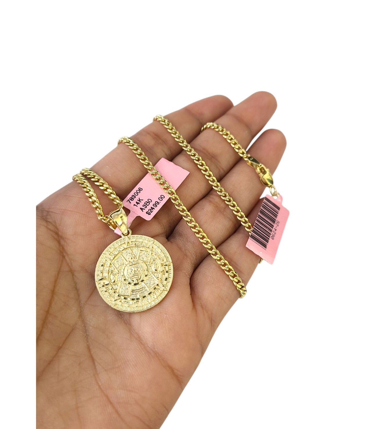 14K Gold Miami Cuban Link Chain Mayan Calendar Charm Pendant Set 3mm 18″–28″