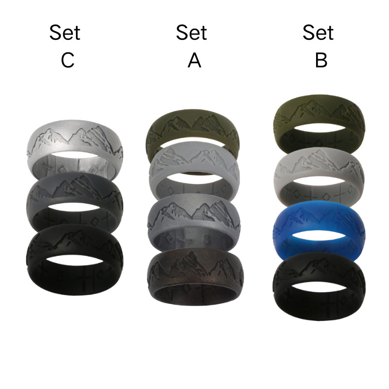 4 Pack Men’s Silicone Wedding Ring Mountain Pattern Sports Rubber Band Size 8-12