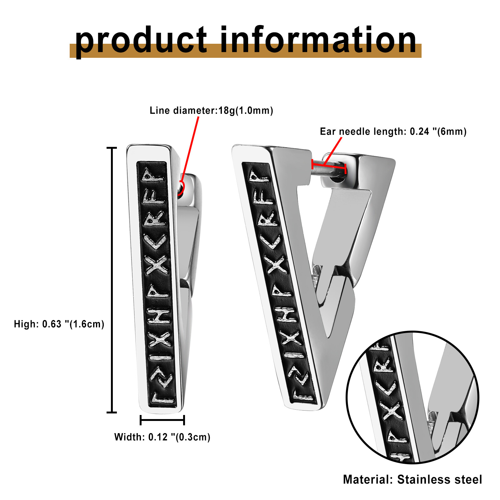 Norse Viking Runes Triangle Hoop Earrings for Men Women Huggie Hoops Ear Studs