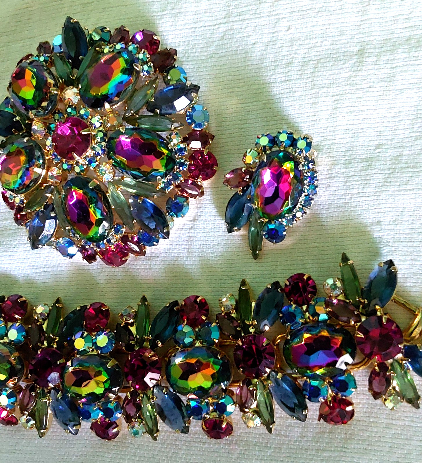 Juliana Rhinestone BRACELET BROOCH EARRING SET Book Pcs Watermelon Vitrail Rare