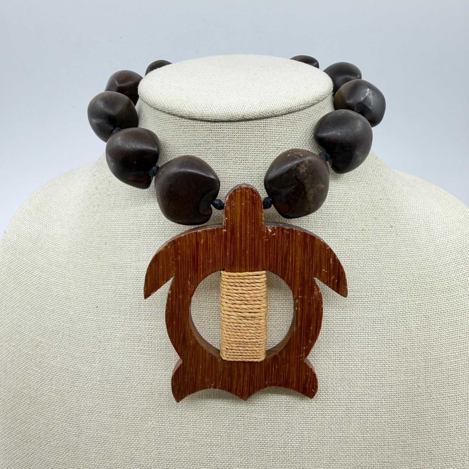 Chunky Brown Nut Bead Necklace Wood Sea Turtle Pendant Boho Tribal Statement