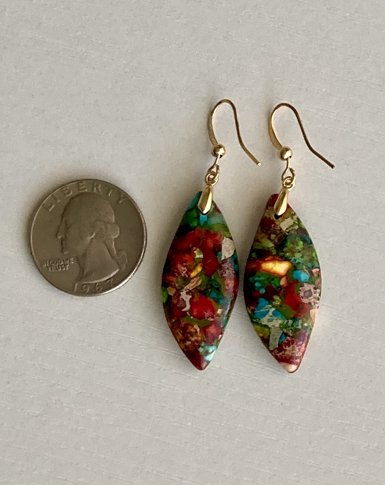 Jasper Stone Natural Imperial Leaf Dangle Drop Multicolor Earrings 7.71g Ladies