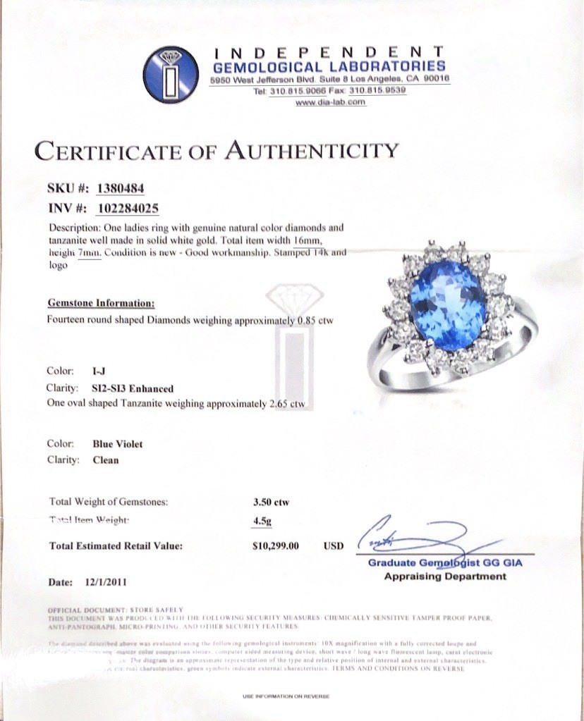 $SALE$ 14k White GOLD Oval Shaped Tanzanite $10,299.99USD Genuine Diamonds RingW