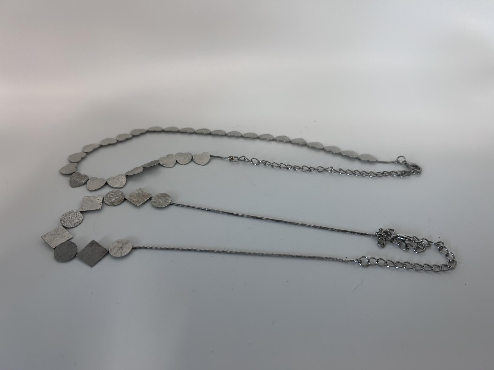 Necklace Silver Tone Layered Heart Circle Square Station Lobster Clasp 18 In