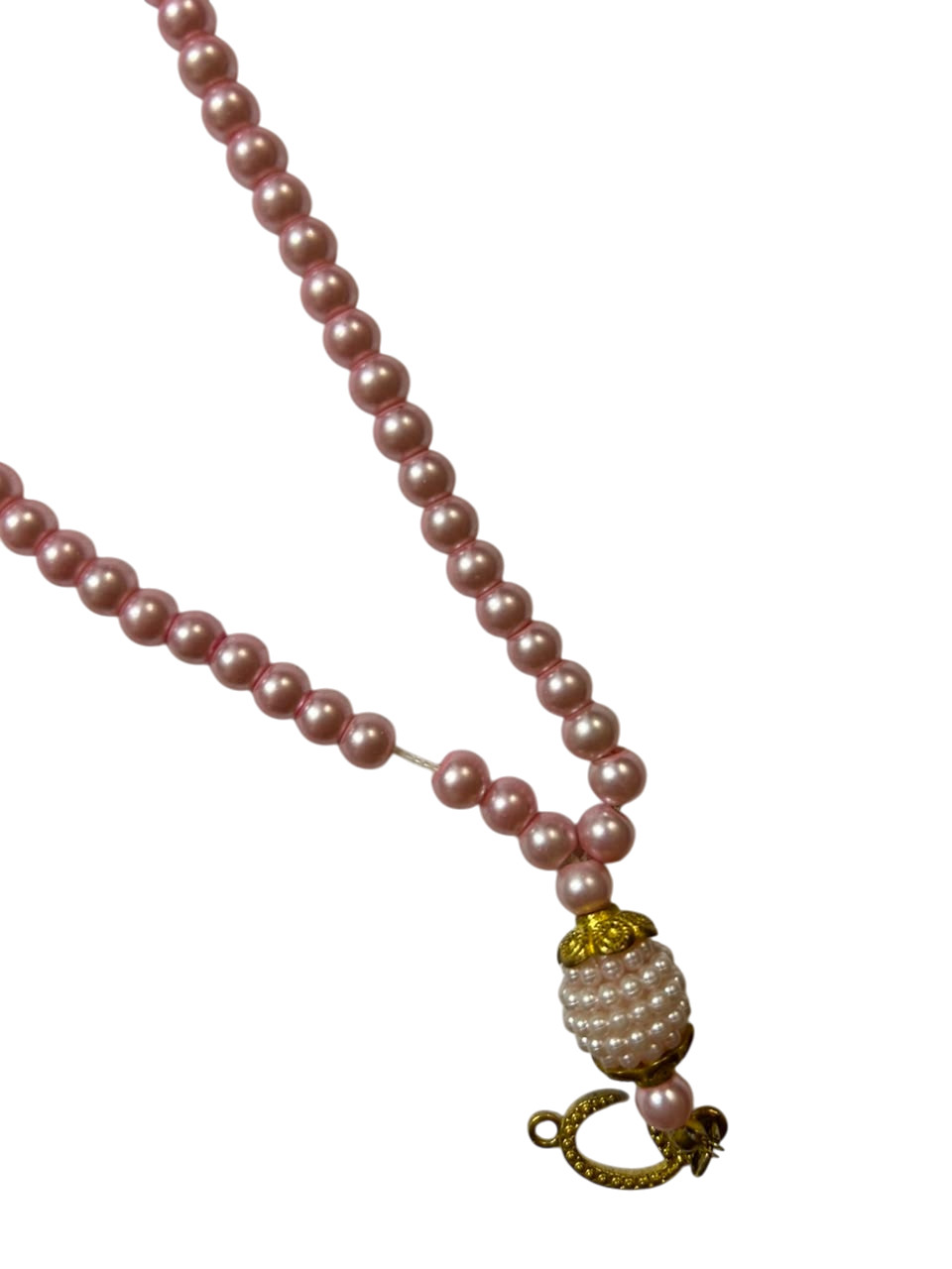 Vintage Pink Pearl Bead Necklace Gold Crescent Moon Charm Long Thread Strand
