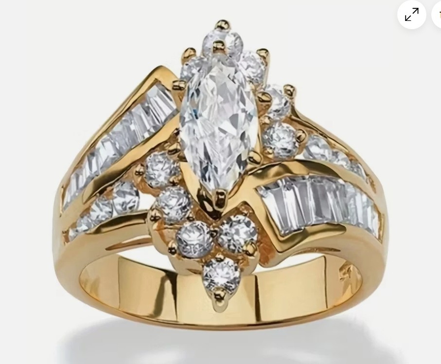 Elegant Marquise Zircon Goldtone Ring Women’s Size 6 Costume Inlay Framed Stones