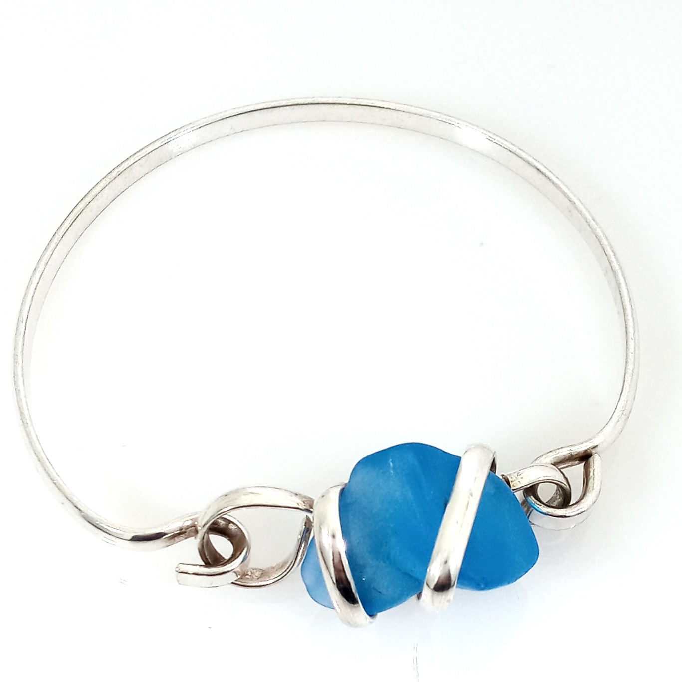 Vintage 925 Solid Sterling Silver Wrap Cobalt Blue Sea Glass Bangle Bracelet