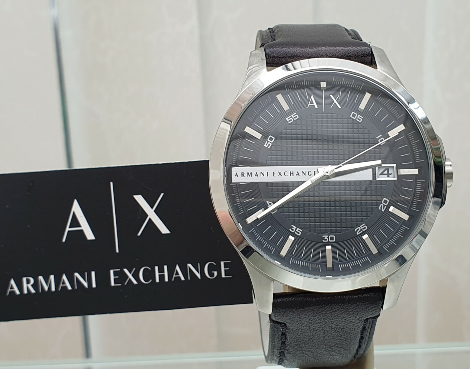 ARMANI EXCHANGE Mens Watch Black leather strap ,Easy to Read Date used VGC a17