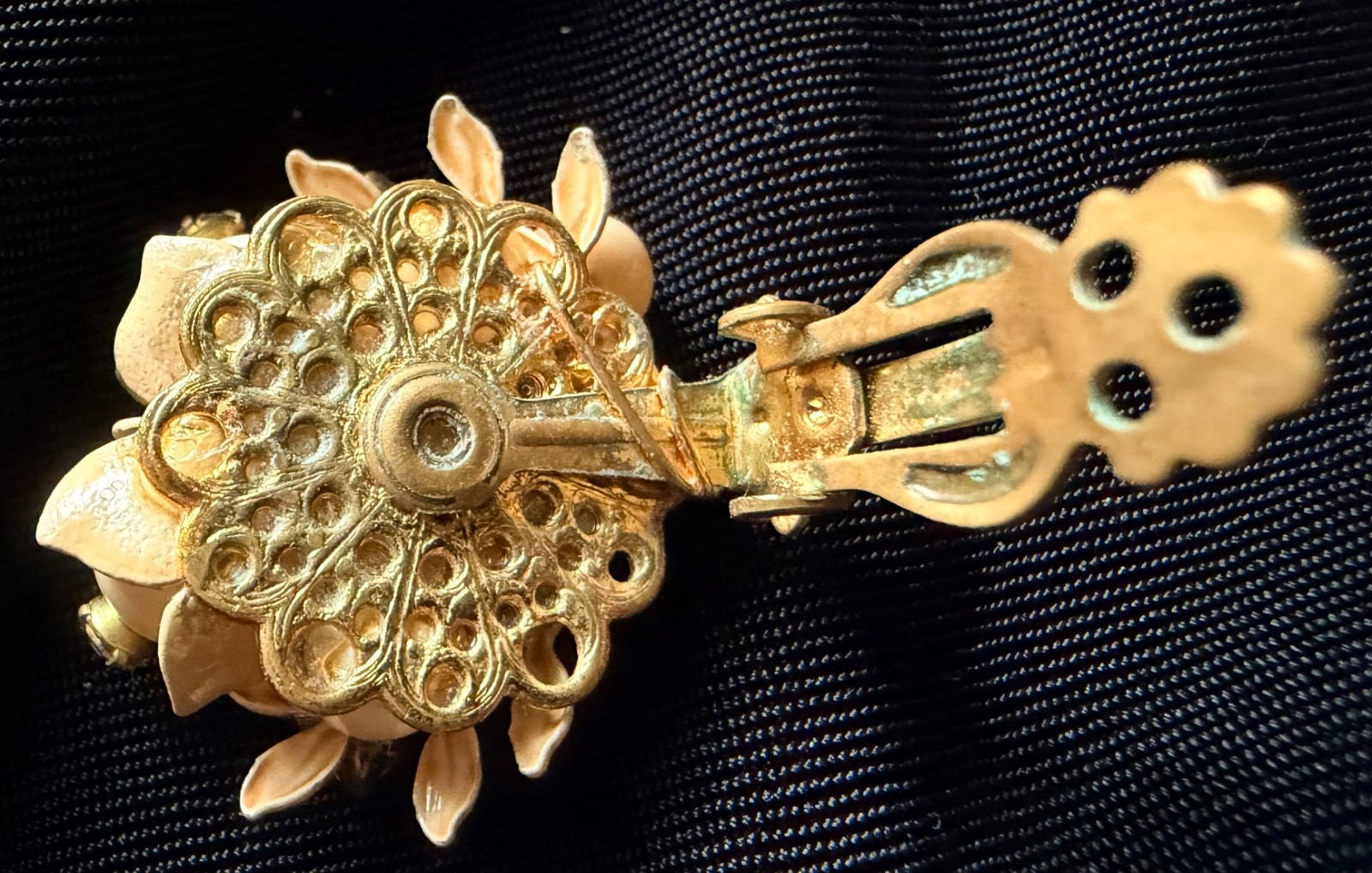 Unsigned Gold Tone Floral Brooch & Clip-On Earrings Set • Aurora/AB Rhinestones