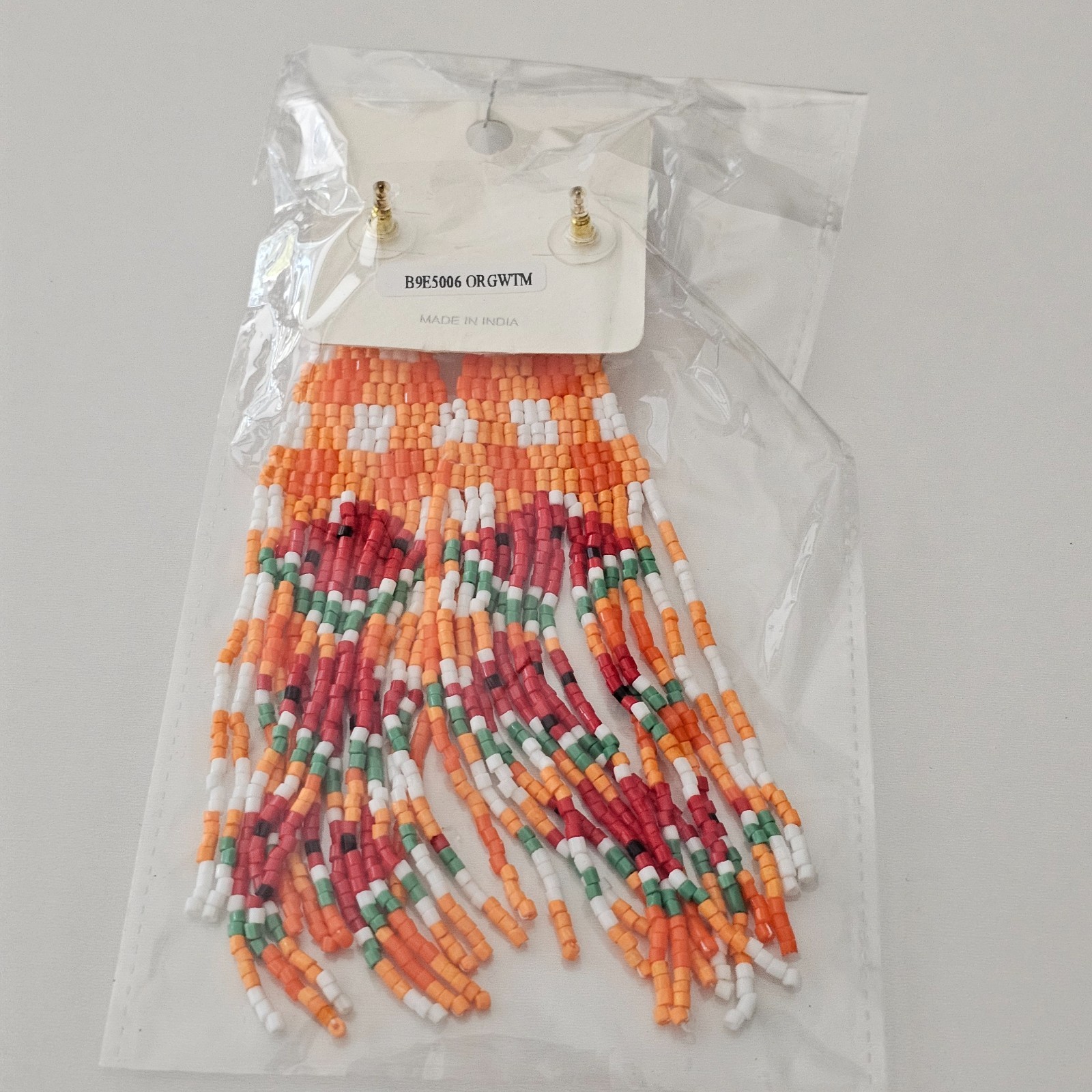 Boho Chic Orange Earrings Watermelon Fruit Dangle Drop Fringe Bead Beaded 5″ NEW
