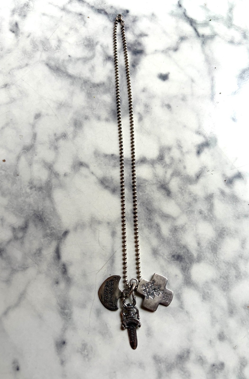 Chrome Hearts Sterling Silver 3-Pendant Necklace, Authenticity Card, Pouch, 2002