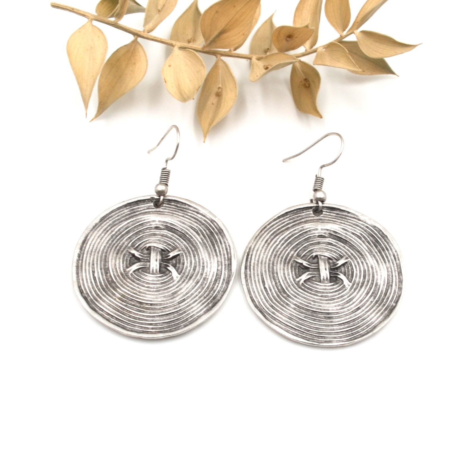 Boho Silver Spiral Disc Dangle Earrings Textured Round Statement Jewelry