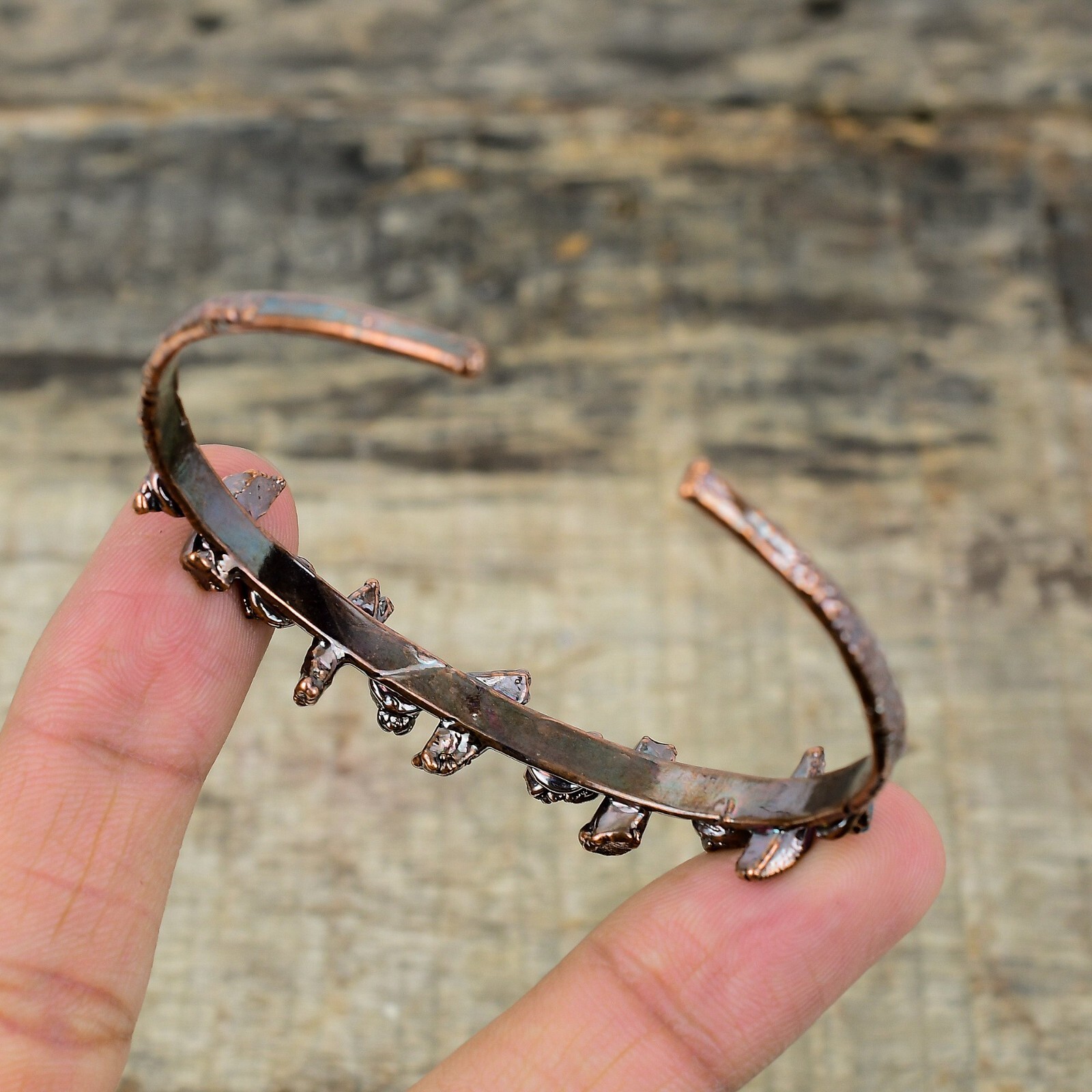 Aquamarine Rough Electroformed Adjustable Bangle Handcrafted Copper Partywear