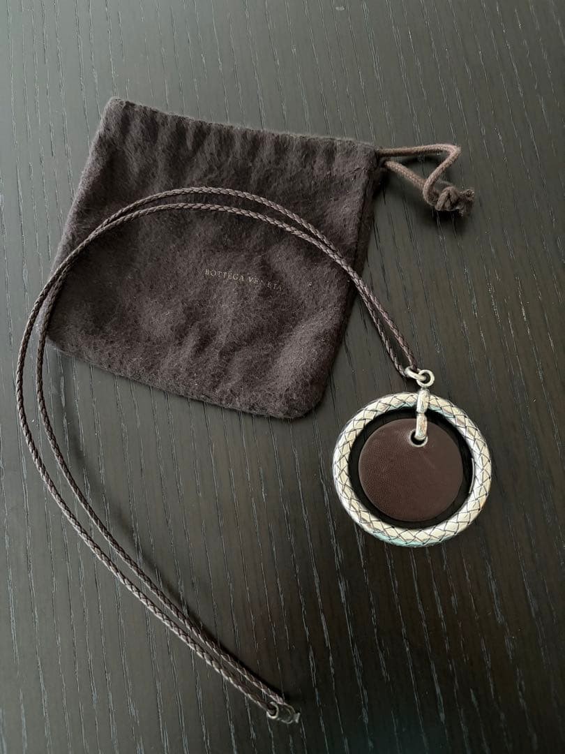 Bottega Veneta Intrecciato Silver Leather Pendant Necklace Brown 46cm
