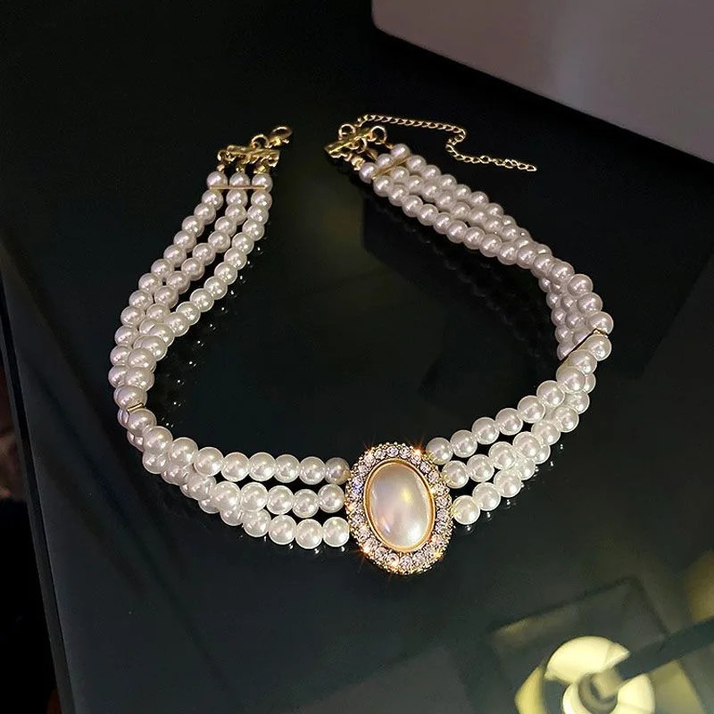 Multi Layer Pearl Necklace, Women’s Jewelry Set with Diamonds Imitation Pearl