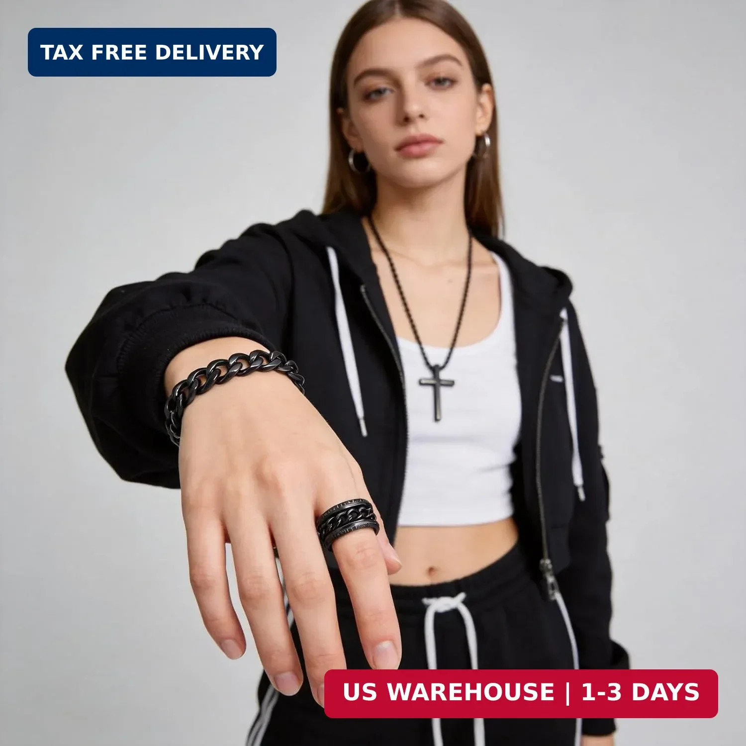 3-Piece Cross Pendant Necklaces Bracelets Rings Jewelry Sets for Men Women,Cuban
