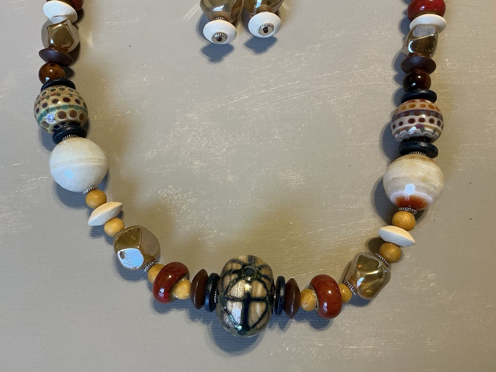 Chunky Stone Statement Necklace Earrings Set Earthy Boho Artisan Beaded Mixed