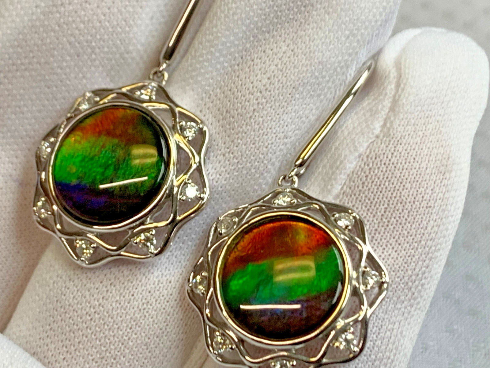 14K White Gold Iridescent Ammolite Earrings 9.54g Jewelry Clear Stones *READ*