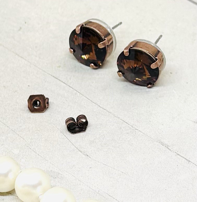 12mm Antique Copper Chocolate Brown Cup Chain Stud Earrings, Smoked Topaz Stones