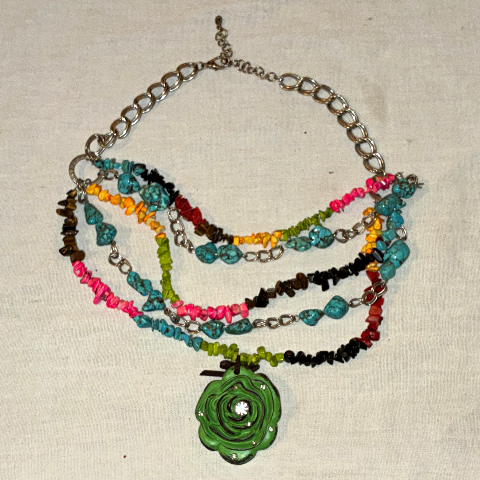 Multicolor Multi-Strand Beaded Necklace Green Flower Charm Adjustable Lobster
