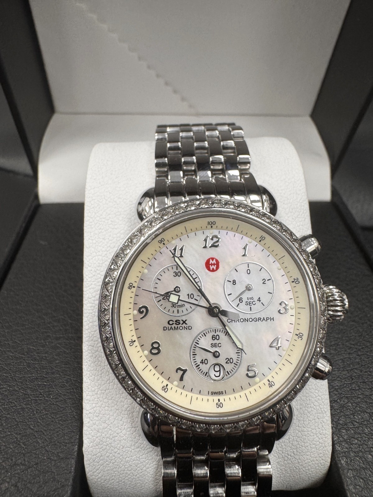 Women SWISS CHRONOGRAPH Watch MICHELE “CSX” 71-3600. Diamonds Bezel. MOP Dial