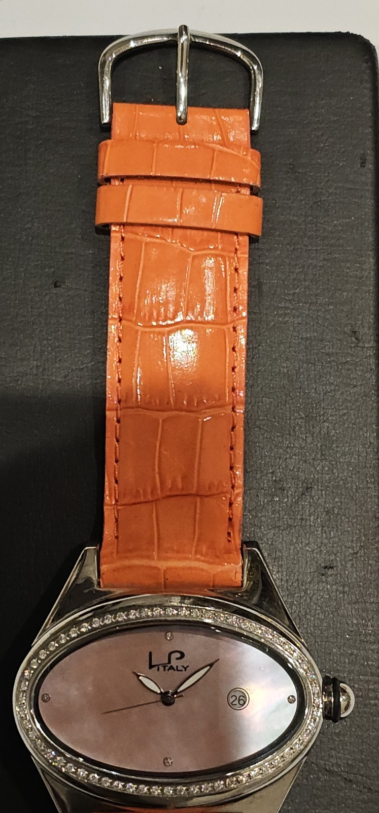 Lorenzo Pozzan ORANGE Diamond Bezel MOP Date Dial Oval Watch LP Italy 746-20-285