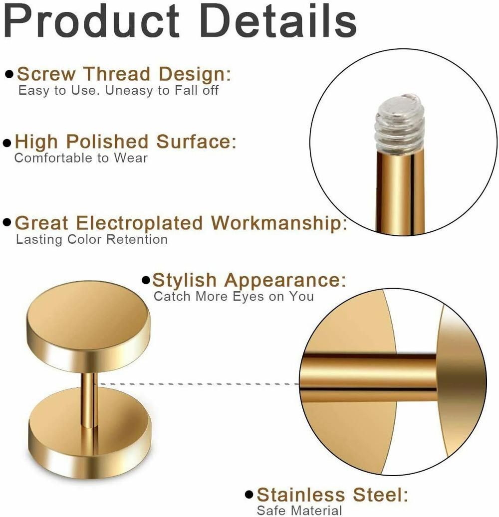 Stainless Steel Unisex Men Women Barbell Stud Earrings Punk Ear Piercing Plugs