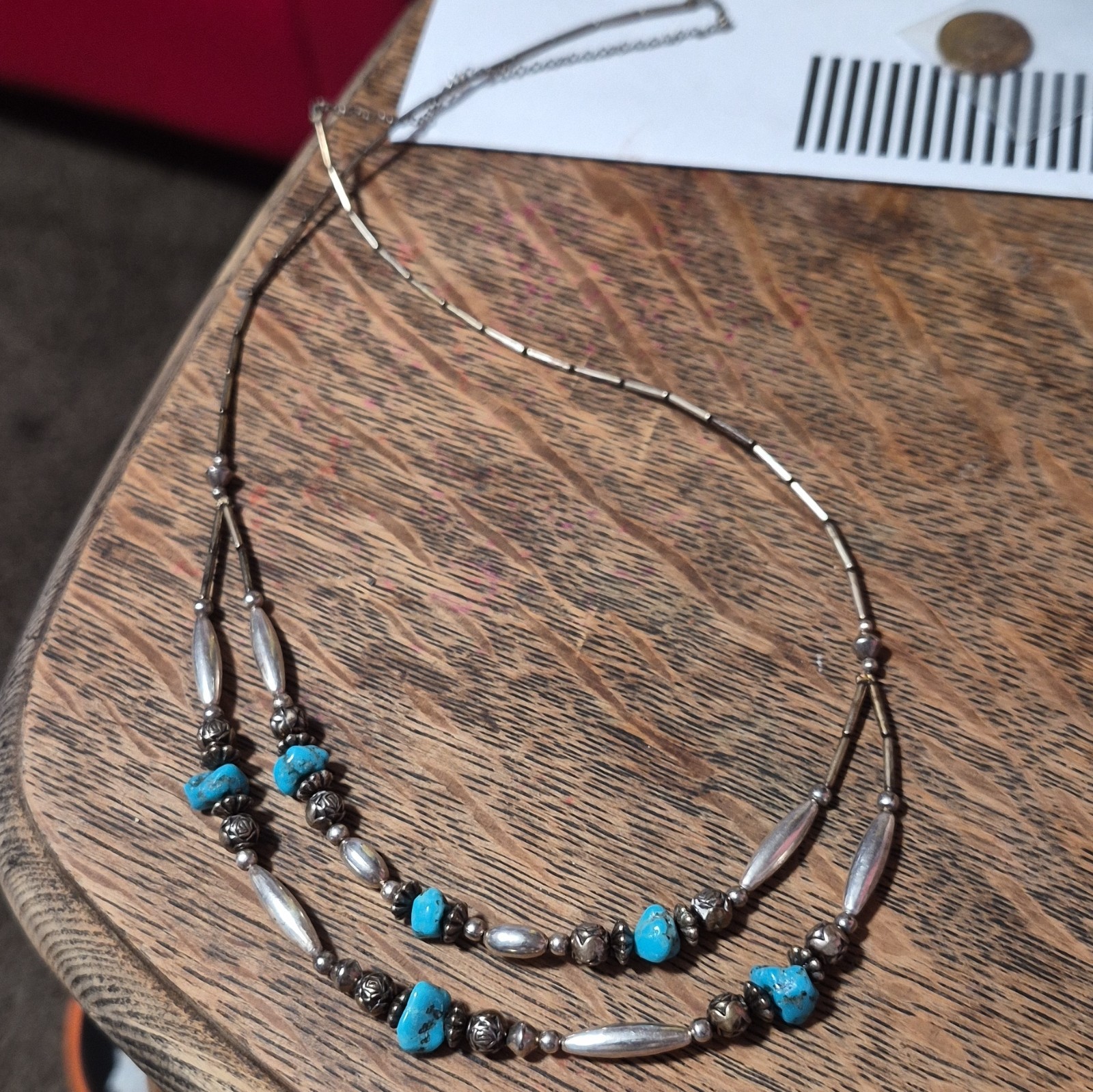 Native Layered Beaded Necklace Blue Turquoise Nugget Stone Silver Tone Metal