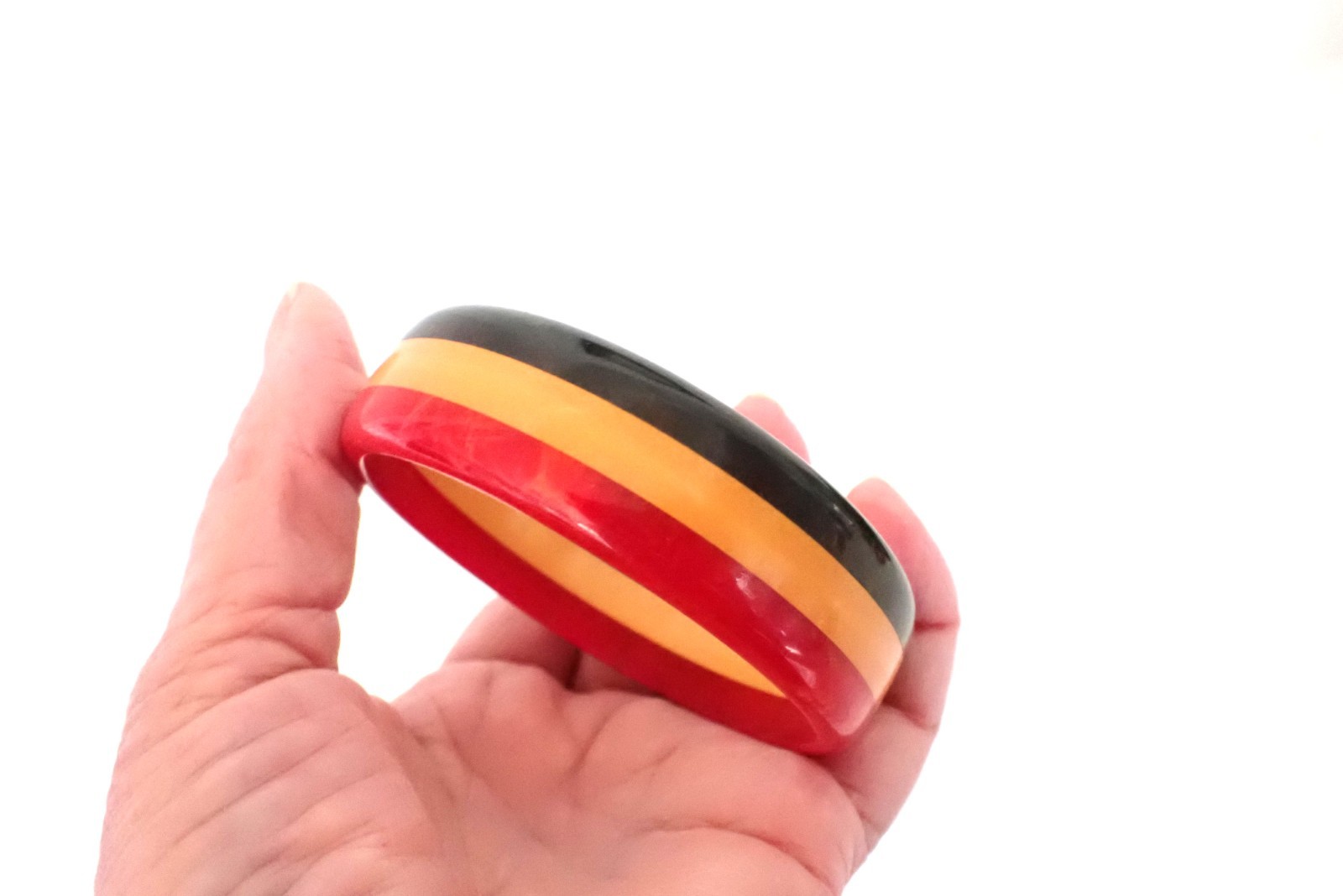 Vintage 3 Color Striped Laminated Bakelite Bangle Bracelet Black Yellow Red