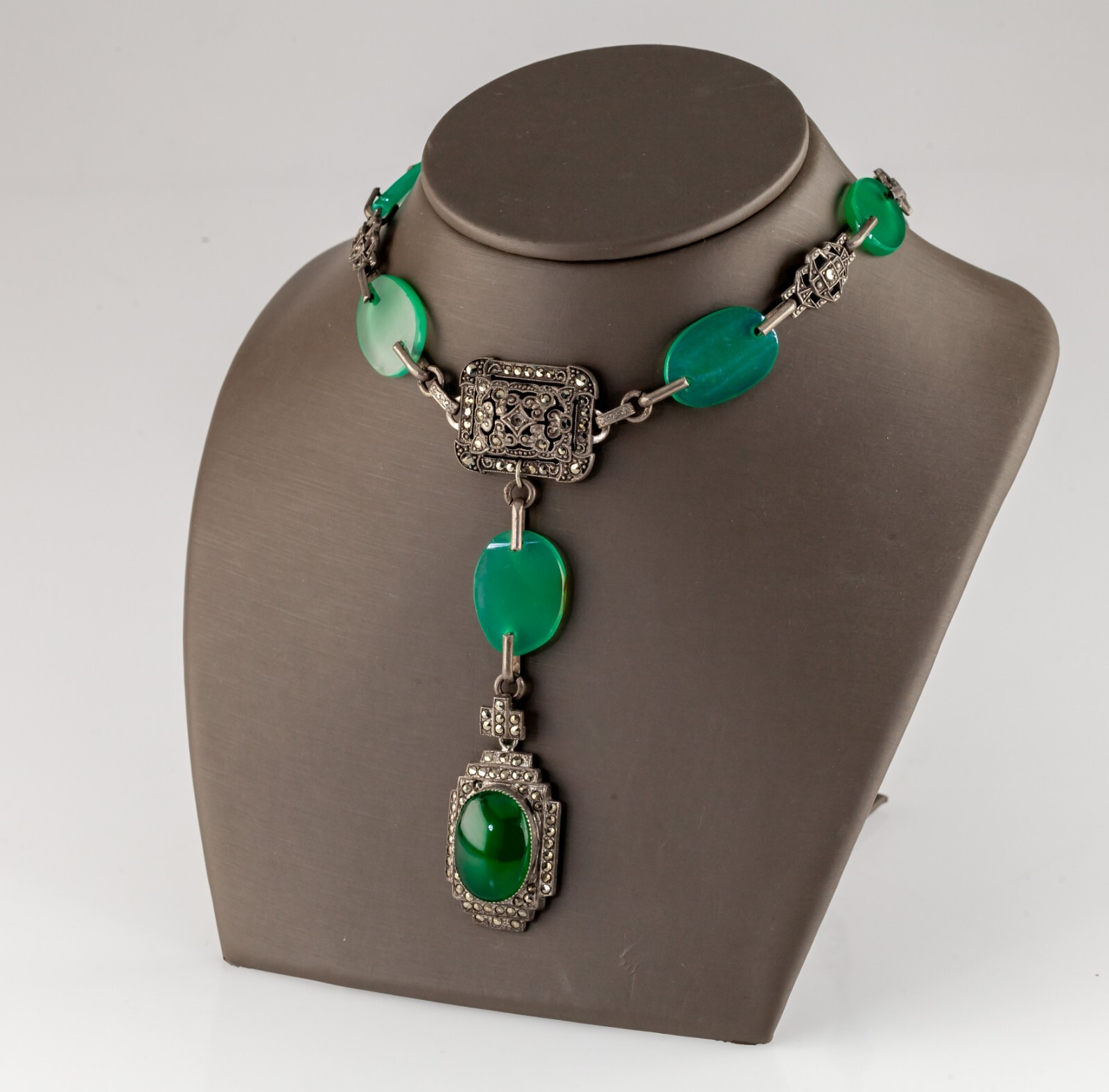 Sterling Silver Necklace with Green Gem, Marcasite, and Green Glass Accents 18″